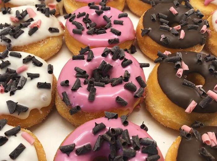 Choco Pink Mini Donut box 2020 closeup - JJ Donuts